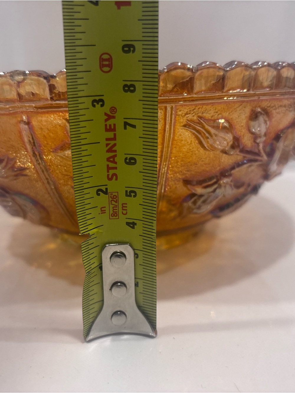 Vintage amber marigold carnival glass rose pattern serving bowl 8” iridescent - Picture 11 of 11